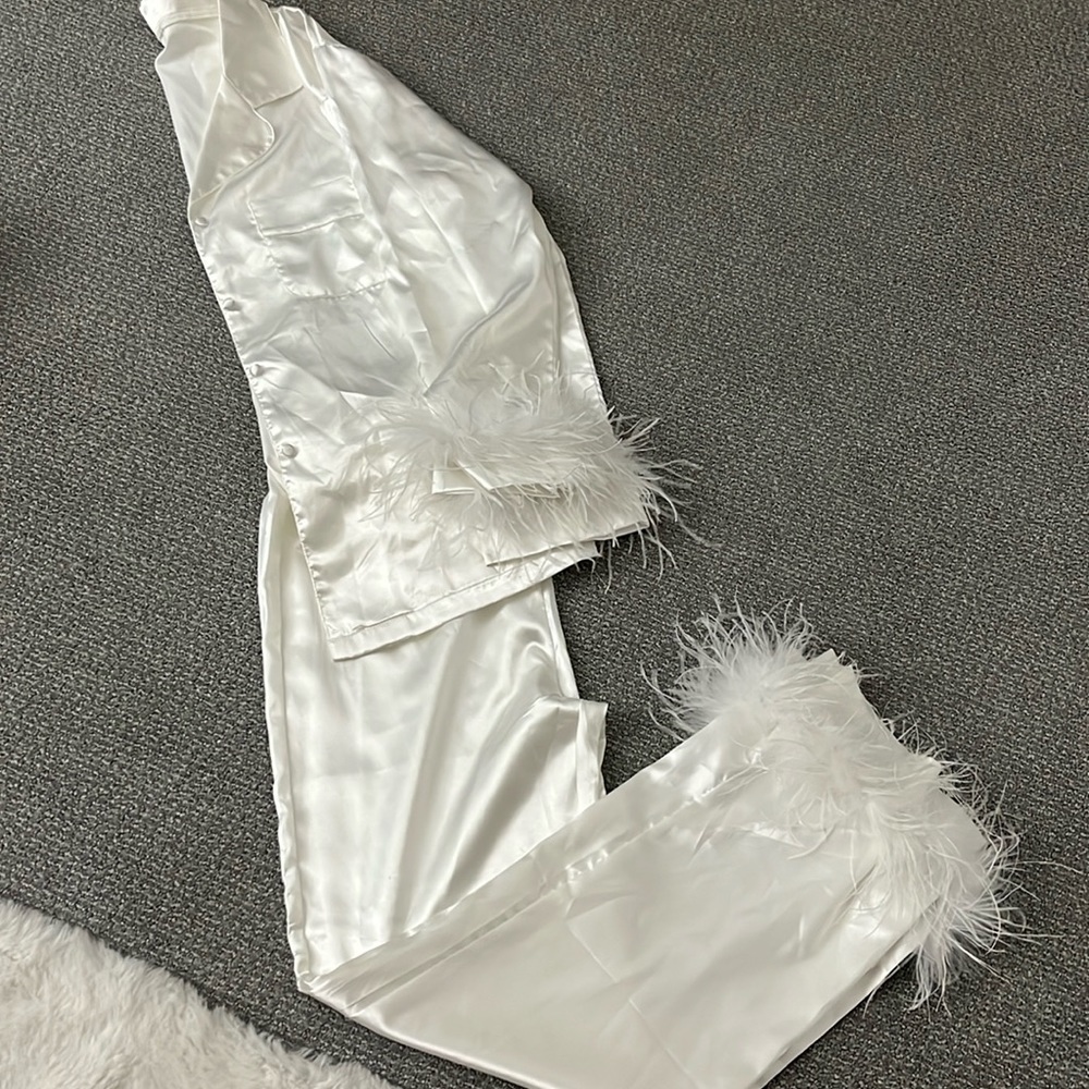 White satin pajama SET with feather trim hazel and olive